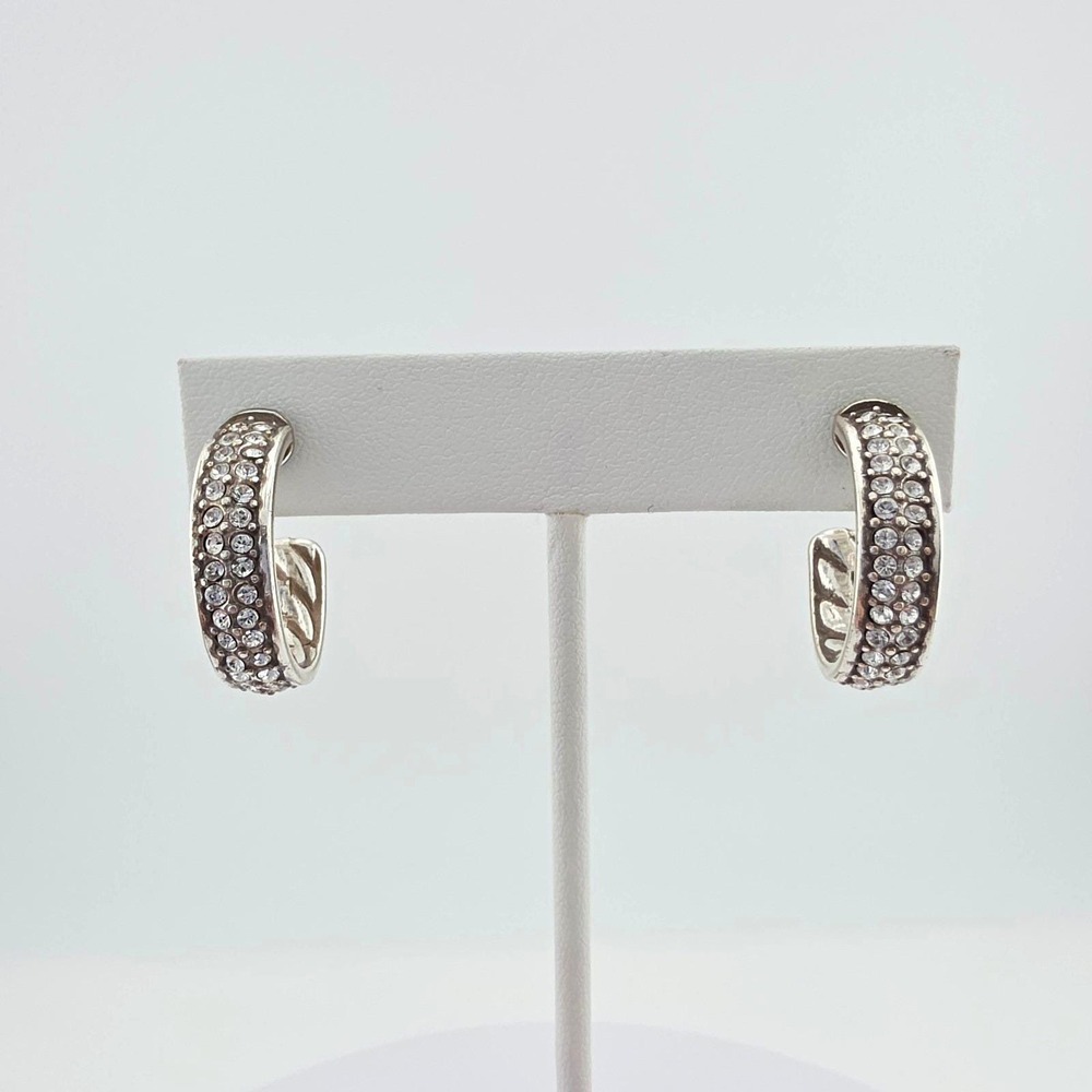 BRIGHTON 3/4 Hoop Earrings Pave Crystals Twisted Rope Design Silver Plate